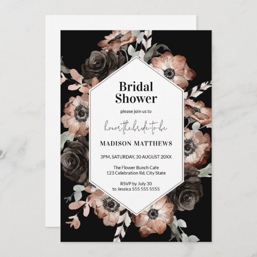 Boho Moody Floral Pink & Black Brautparty Einladung (Vorne/Hinten)