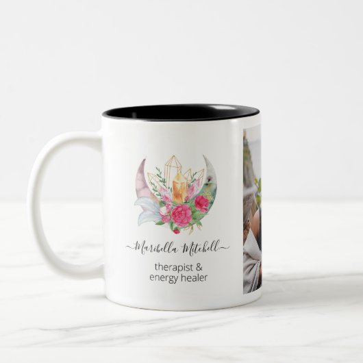 Boho Moon Crystals Feathers Blume Feathers Foto Zweifarbige Tasse (Links)