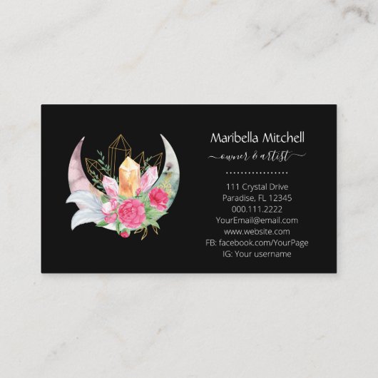 Boho Moon Crystals Feathers Blume Horizontal Visitenkarte (Rückseite)