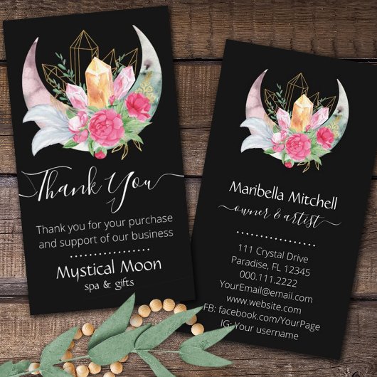 Boho Moon Crystals Feathers Blume Vielen Dank Visitenkarte