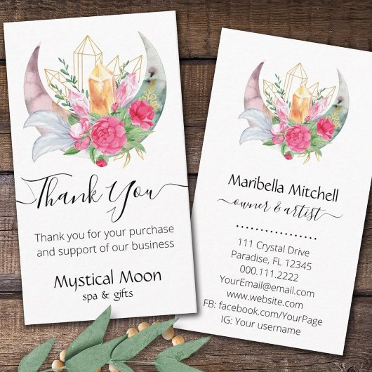 Boho Moon Crystals Feathers Blume Vielen Dank Visitenkarte