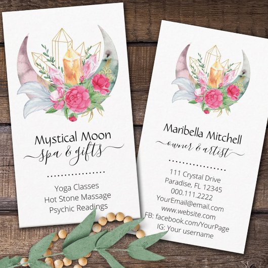 Boho Moon Crystals Feathers Blume Visitenkarte