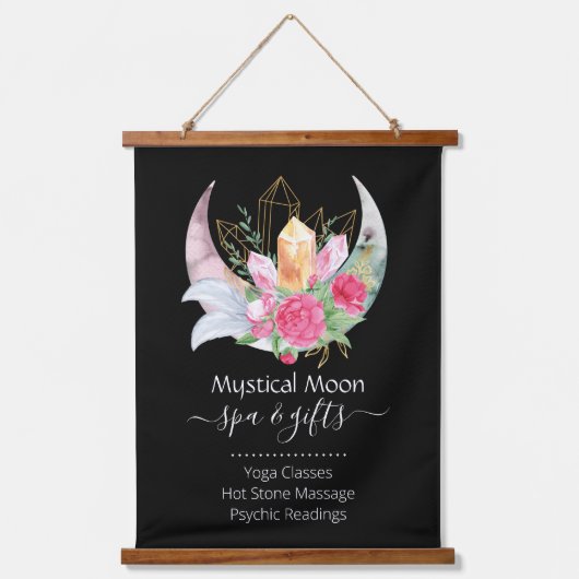 Boho Moon Crystals Feathers Blume Wandteppich Mit Holzrahmen (Vorderseite)