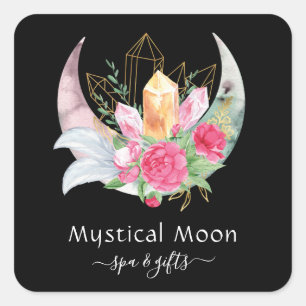 Boho Moon Crystals Feathers Pink Blume Esoteric Quadratischer Aufkleber