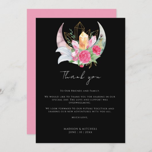 Boho Moon Crystals Feathers Pink Blume Hochzeit Dankeskarte (Vorne/Hinten)