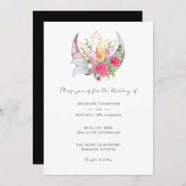 Boho Moon Crystals Feathers Pink Blume Hochzeit Einladung