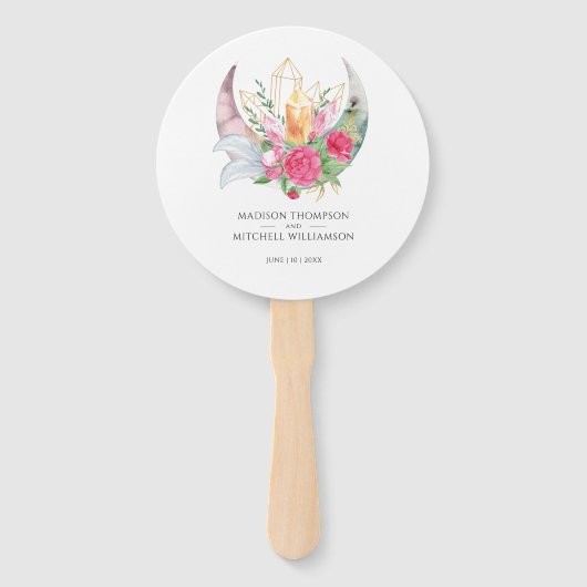Boho Moon Crystals Feathers Pink Blume Hochzeit Fächer (Vorderseite)