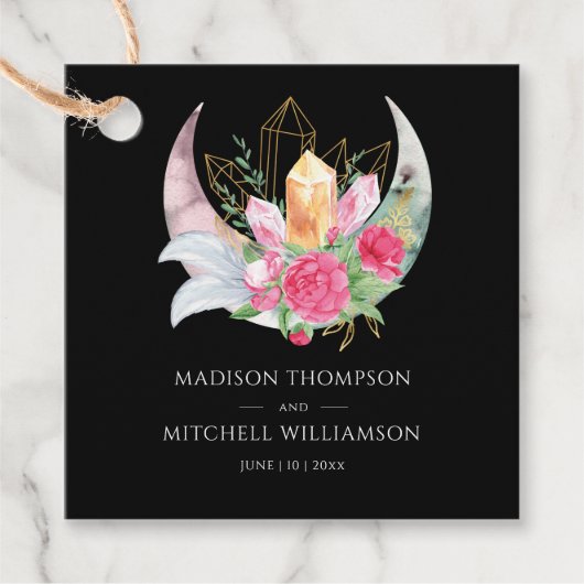 Boho Moon Crystals Feathers Pink Blume Hochzeit Geschenkanhänger (Vorderseite)