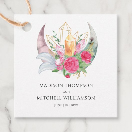 Boho Moon Crystals Feathers Pink Blume Hochzeit Geschenkanhänger (Vorderseite)