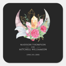 Boho Moon Crystals Feathers Pink Blume Hochzeit Quadratischer Aufkleber
