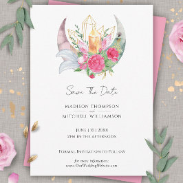 Boho Moon Crystals Feathers Pink Blume Hochzeit Save The Date