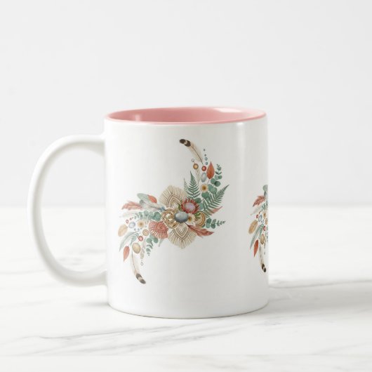 "Boho Moon Floral Mug, Macrame & Feather Cup Zweifarbige Tasse (Links)