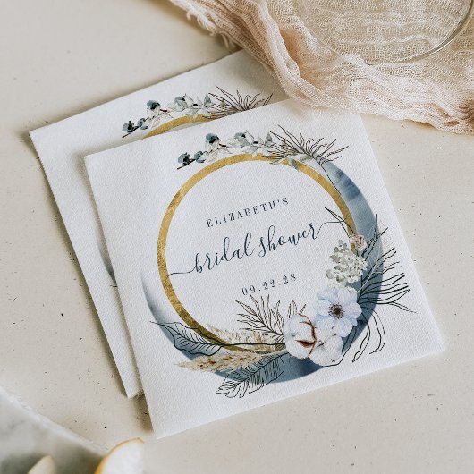 Boho Moon Floral Wreath Indigo Gold Serviette