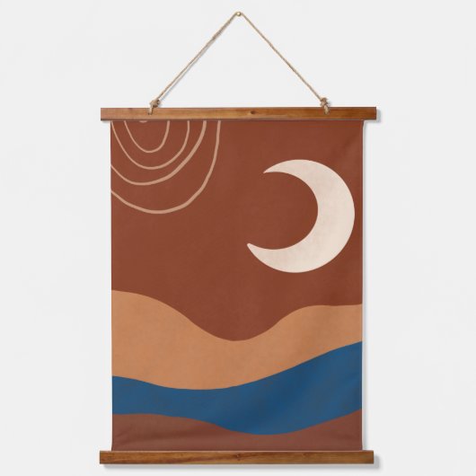 Boho Moon Lines Landschaft Terracotta Beige Blau Wandteppich Mit Holzrahmen (Vorderseite)