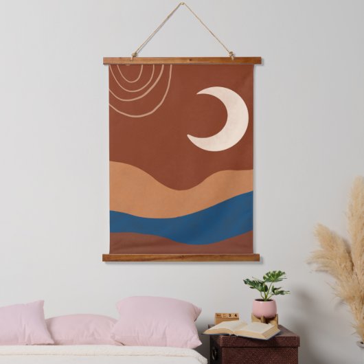 Boho Moon Lines Landschaft Terracotta Beige Blau Wandteppich Mit Holzrahmen (Schlafzimmer)