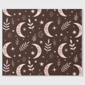 Boho Moon mit Blätter und Stars Brown Geschenkpapier (Flach)