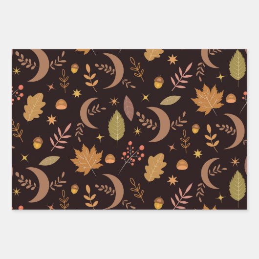 Boho Moon mit Herbstblättermuster Geschenkpapier Set (Vorderseite 3)