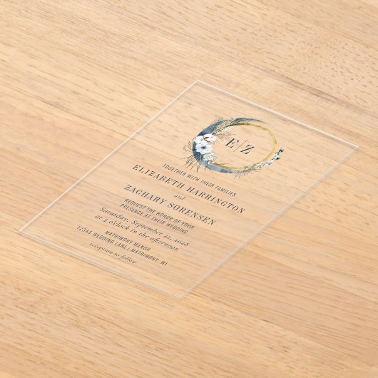 Boho Moon Monogram Wreath Indigo Wedding Acryleinladungen (Ablage )