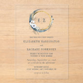 Boho Moon Monogram Wreath Indigo Wedding Acryleinladungen (Vorderseite)