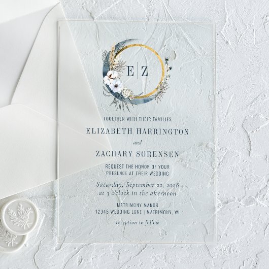 Boho Moon Monogram Wreath Indigo Wedding Acryleinladungen