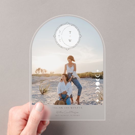 Boho Moon Star Save the Date Arch Foto Wedding Acryleinladungen (Insitu (Handheld))