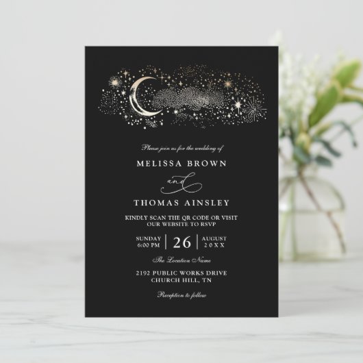 Boho Moon Stars Celestial Black QR Code Wedding Einladung (Stehend Vorderseite)