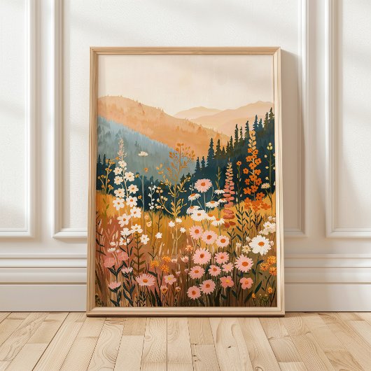 Boho Mountain Daisy Wildblume Landschaft 18x24" Poster