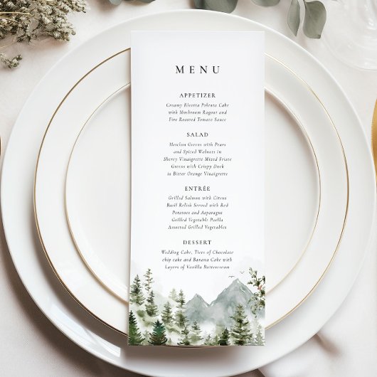 Boho Mountain Forest Pine Tree Elegante Hochzeit Menükarte