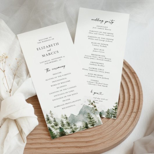 Boho Mountain Forest Pine Tree Elegante Hochzeit Programm