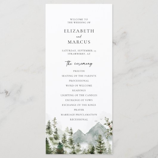 Boho Mountain Forest Pine Tree Elegante Hochzeit Programm (Vorderseite)