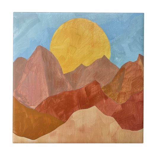 Boho Mountain Sunset - Warme Erde Tone Landschaft Fliese (Vorderseite)