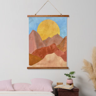 Boho Mountain Sunset - Warme Erde Tone Landschaft Wandteppich Mit Holzrahmen