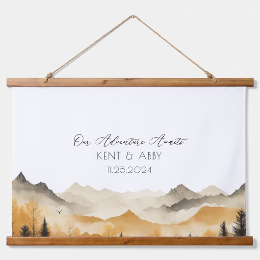 Boho Mountain Watercolor Wedding Guest Book Wandteppich Mit Holzrahmen (Vorne)