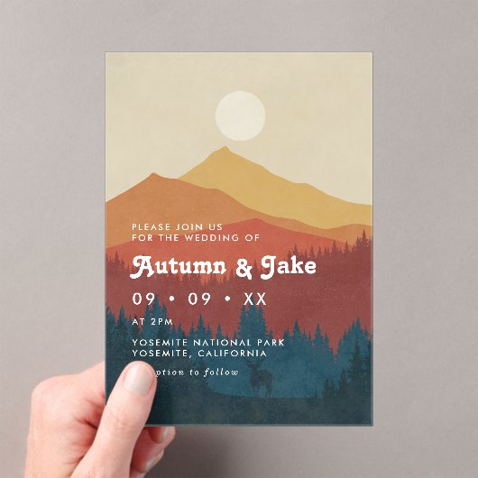 Boho Mountains and Forest 1970er Retro-Hochzeit Acryleinladungen (Insitu (Handheld))