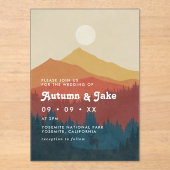 Boho Mountains and Forest 1970er Retro-Hochzeit Acryleinladungen (Vorderseite)