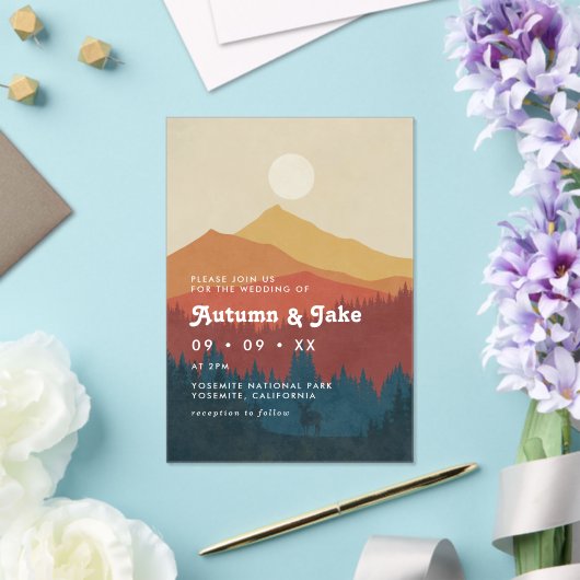 Boho Mountains and Forest 1970er Retro-Hochzeit Acryleinladungen (In Situ (Hochzeit))