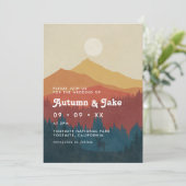 Boho Mountains and Forest 1970er Retro-Hochzeit Einladung (Stehend Vorderseite)