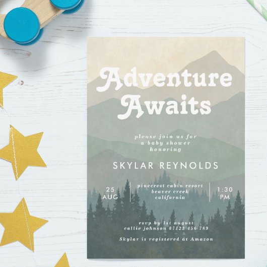 Boho Mountains Retro Blue Baby Dusche Einladung