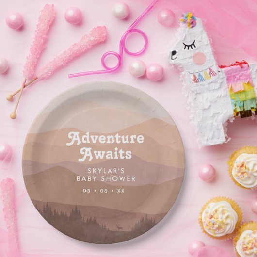 Boho Mountains Retro Pink Baby Dusche Pappteller (Party)