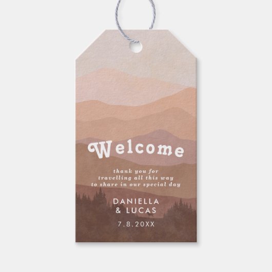 Boho Mountains Retro Pink Wedding Willkommen Geschenkanhänger (Vorderseite)
