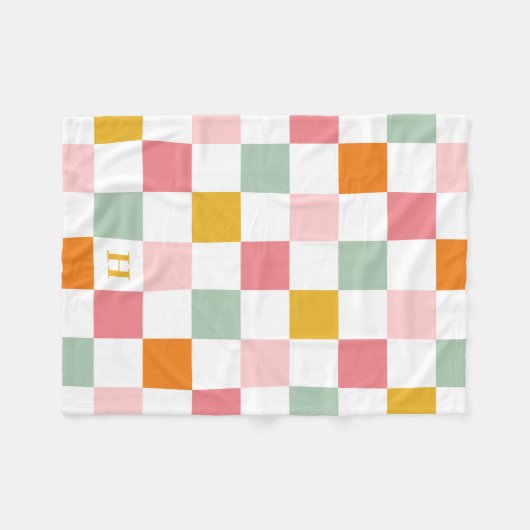 Boho Multicolor Checkerboard Monogram Fleecedecke (Vorderseite (Horizontal))