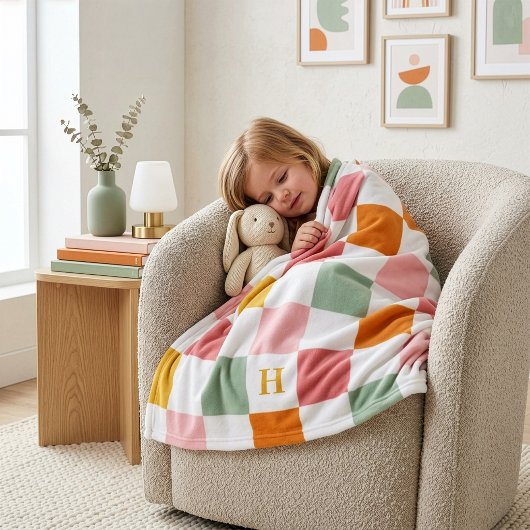 Boho Multicolor Checkerboard Monogram Fleecedecke