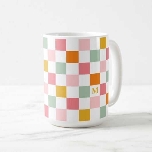 Boho Multicolor Checkerboard Monogram Kaffeetasse (VorderseiteRechts)