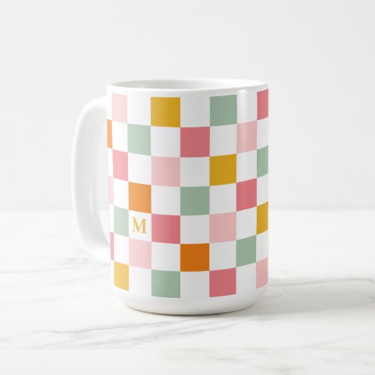 Boho Multicolor Checkerboard Monogram Kaffeetasse (Vorderseite Links)
