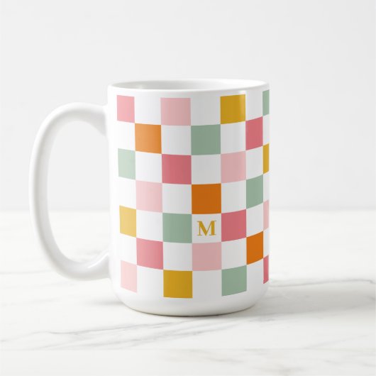 Boho Multicolor Checkerboard Monogram Kaffeetasse (Links)