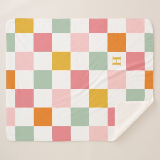 Boho Multicolor Checkerboard Monogram Sherpadecke (Vorderseite (Horizontal))