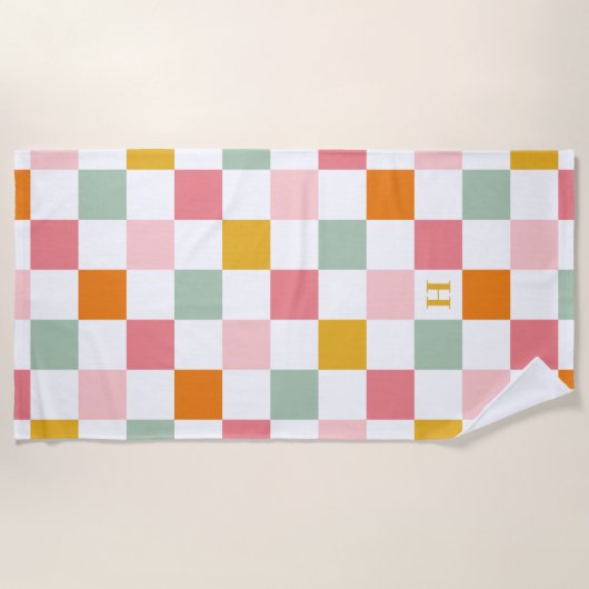 Boho Multicolor Checkerboard Monogram Strandtuch (Vorderseite)
