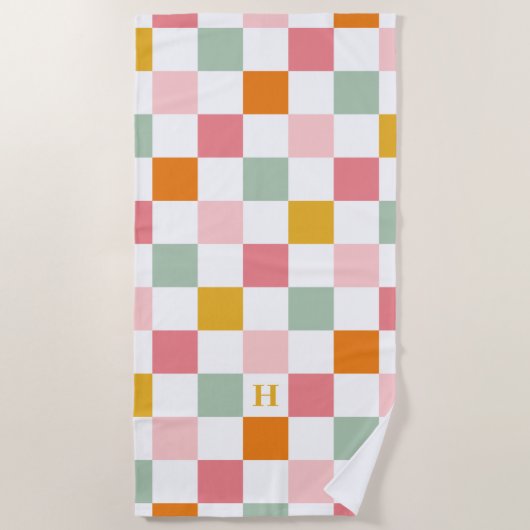 Boho Multicolor Checkerboard Monogram Strandtuch (Vorderseite)