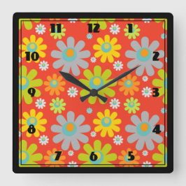 Boho Multicolor Daisies on Orange Quadratische Wanduhr
