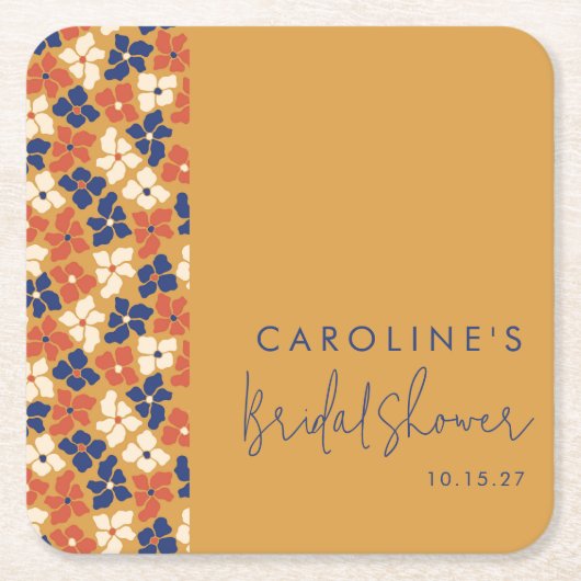 Boho Mustard Blue Botanic Brautparty Custom Rechteckiger Pappuntersetzer (Vorderseite)